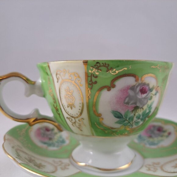 Thames Green Bone China Floral Tea Cup Saucer Gold Trimmed Vintage - Picture 10 of 16